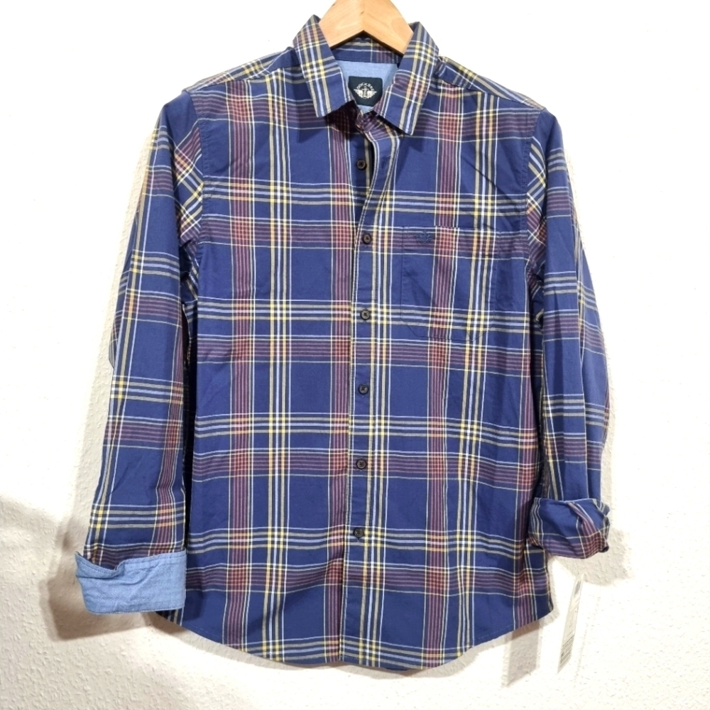 Men's NWT Navy Blue Plaid Long Sleeve Dockers Button Up Regular Fit Shirt - Picture 1 of 6
